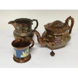 Three items of copper lustre ware items comprising