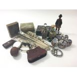 A collection of oddments to include a snuff box, cased cards, two fans, a figure of a man, boxes,