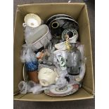 A large box of mixed ceramics and glass including Susie Cooper