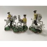 Three Dresden hunting figural groups, approx heigh