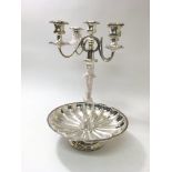 A silverplate candelabra and a footed silverplate