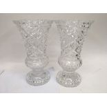 A pair of cut glass vases. Height approx 29cm.