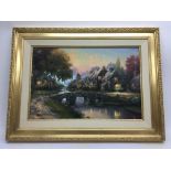 A similar limited edition painted lithograph 'Cobblestone Lane' by Thomas Kinkade. Size approx