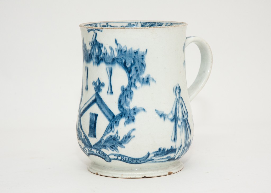 A rare English blue and white porcelain pint mug,