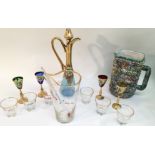 A glass cocktail set, painted Bohemian decanter an