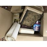 A box of books including an old bible, various eng