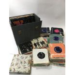 A record box and a bag containing various LPs, EPs