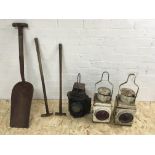 A collection of 4 larger railway lamps, a coal sho