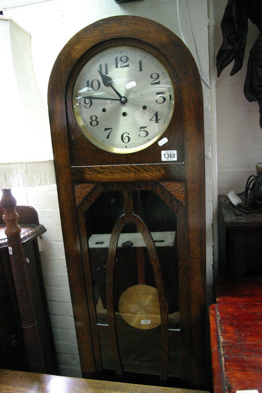 An oak 1930s longcase clock with visible pendulum - Image 2 of 3