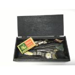 Wooden box containing old wristwatch, coins, penkn