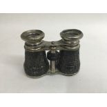 A pair of silver binoculars.