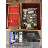 A box containing various metalware including pewte