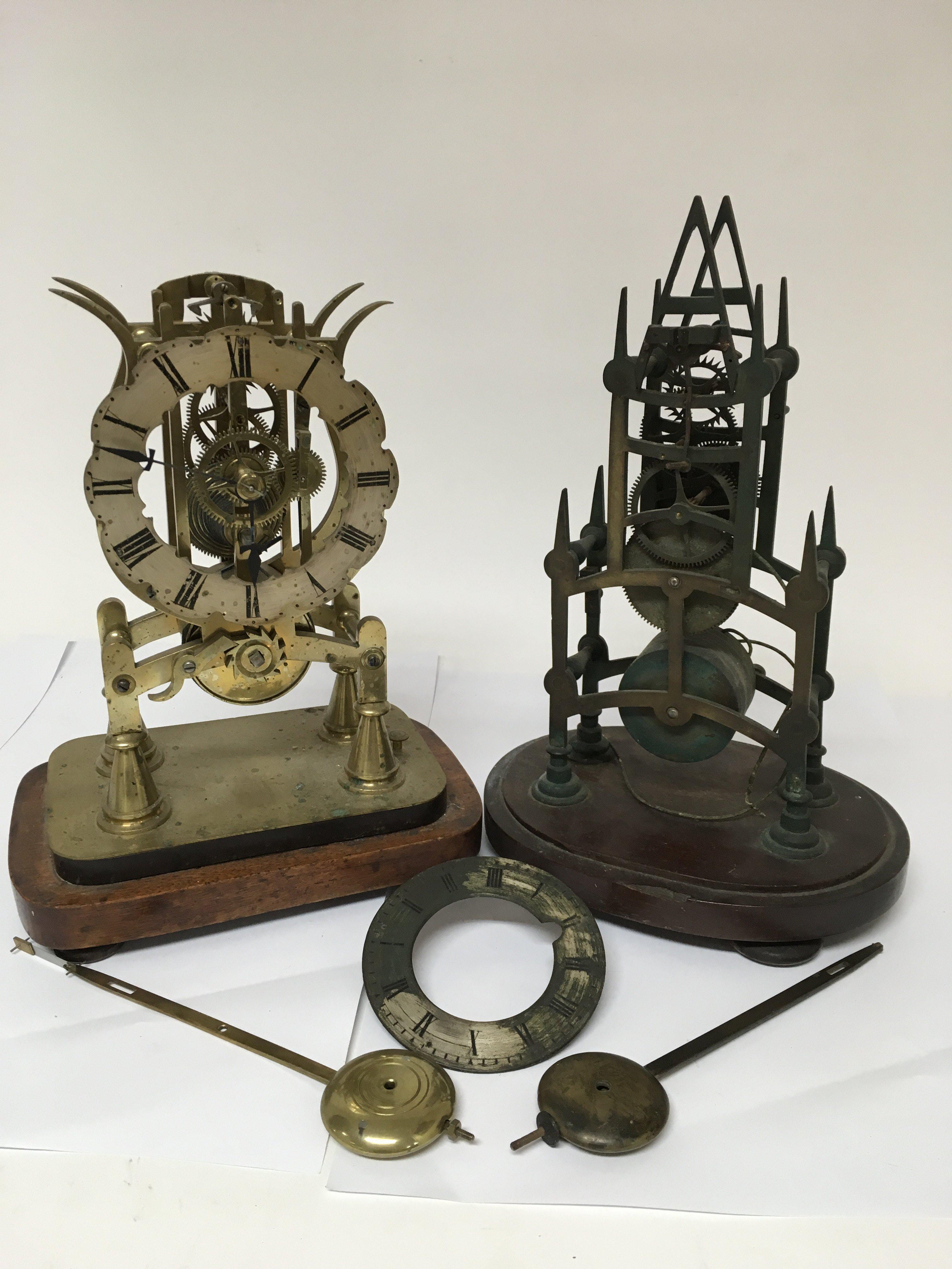 Two single fussee brass skeleton clocks, for resto