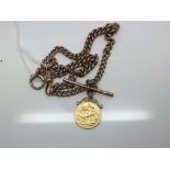 A 9ct gold watch chain with attached 1890 sovereign weight 52g approximately.