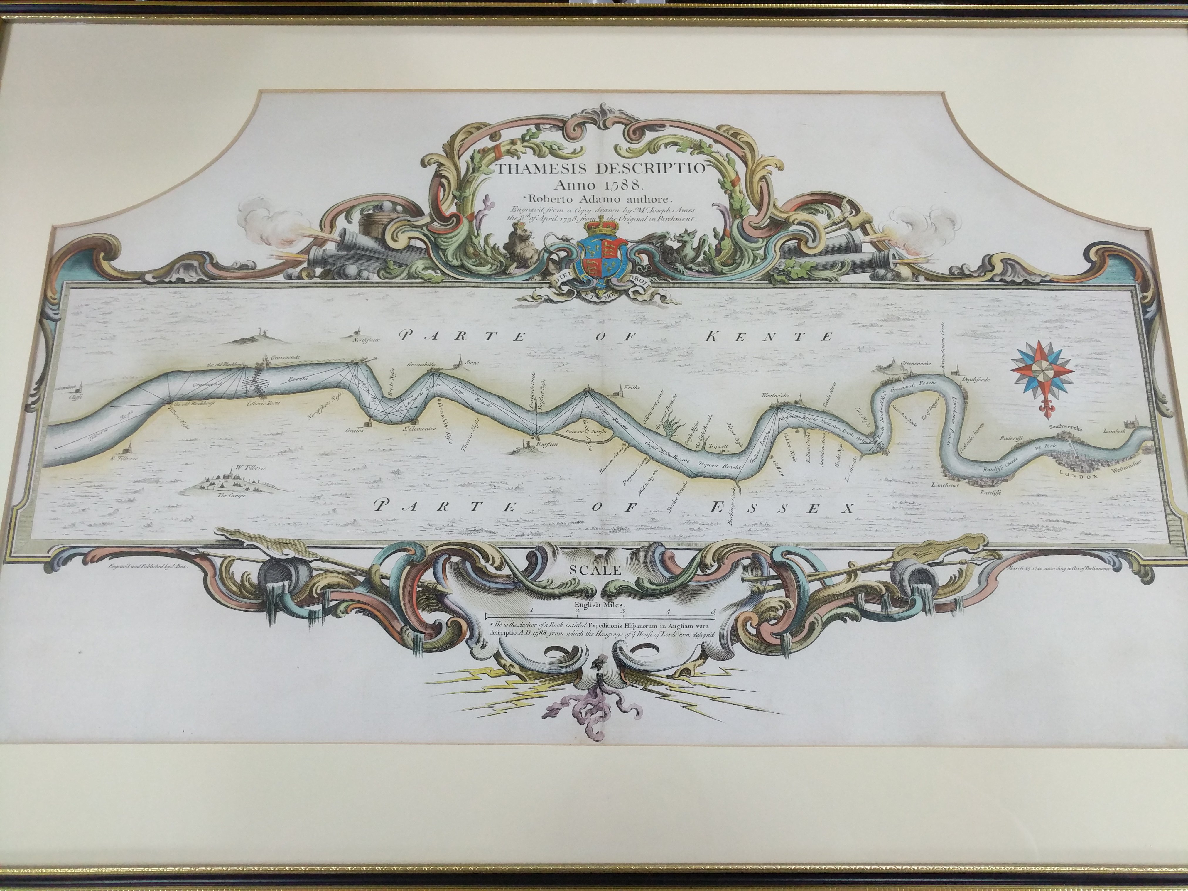 A 1588 map of the River Thames titled "Thamesis Description" by Roberto Adamo