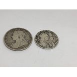 A 1689 William and Mary half crown and an 1896 Vic