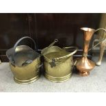 Two brass coal buckets, copper ewer etc.