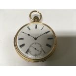 A 18ct gold button wind pocket watch the enamel dial with second subsidiary dial maker love and sons