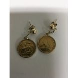 A pair of 9 ct gold earrings inset with half sovereigns 1893 1894