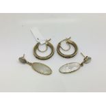 A pair of 9ct gold mother of pearl drop earrings and a pair of 9ct gold stone set hoop earrings.