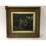 A gilt framed oil on canvas depicting figure's feeding chicks, approx 49.5cm x 45.5cm.