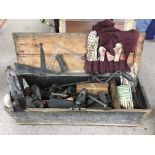 A wooden toolbox and contents including a Stanley plane