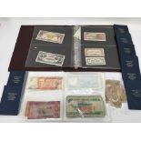 A box of world coins and bank notes to include Japanese notes.