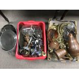 Two boxes of metalware to include brass ornaments,