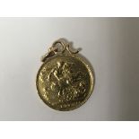 An Edwardian VII Gold Sovereign mounted as pendent. Weight 9g.