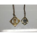 Two 9ct Gold necklace with attached pendants, weight 10g approximately.