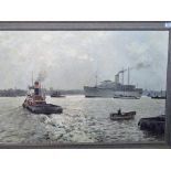 A framed oil on canvas depicting the SS Himalayan