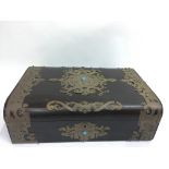 A large wooden, gilt metal mounted jewellery box with blue cabouchons and lift out fitted tray.