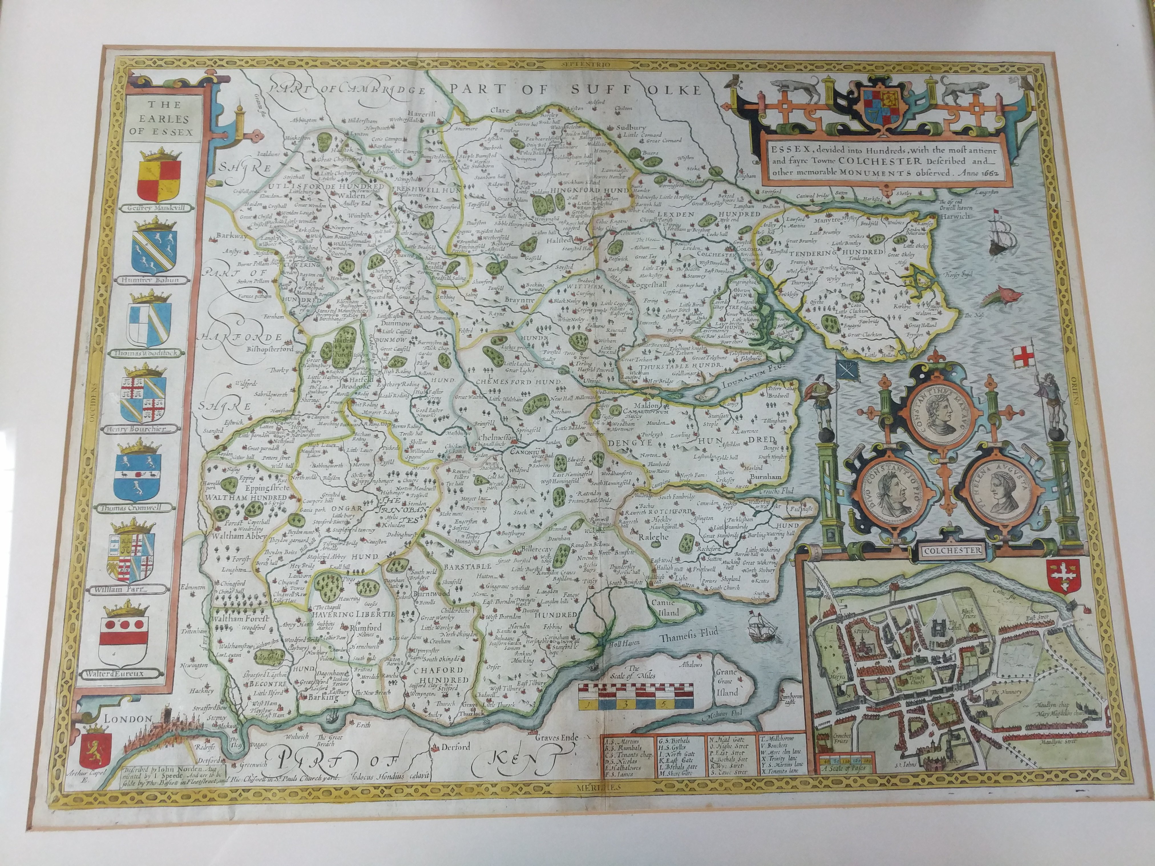 A 17th century map of Essex with a street map of Colchester dated 1662 by I. Speede and others, with