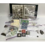 A collection of various proof sets and other coinage including some silver and banknotes