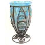 A Daum Blue Art Glass Vase moulded in a wrought iron frame signed Louis Majorelle 30cm