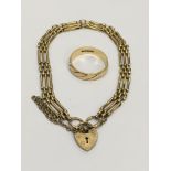 A 9ct gold gate bracelet with a padlock clasp and an 18ct gold ring, approx size P-Q. Approx