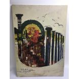 An interesting original 1960's oil on canvas painting of classical ruins, signed Kalifa Tunsi.