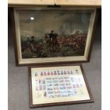 A large framed Battle of Waterloo print and a conforming framed set of cigarette cards