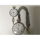 A silver cased j w benson button wind pocket watch with chain together with a silver key wind pocket