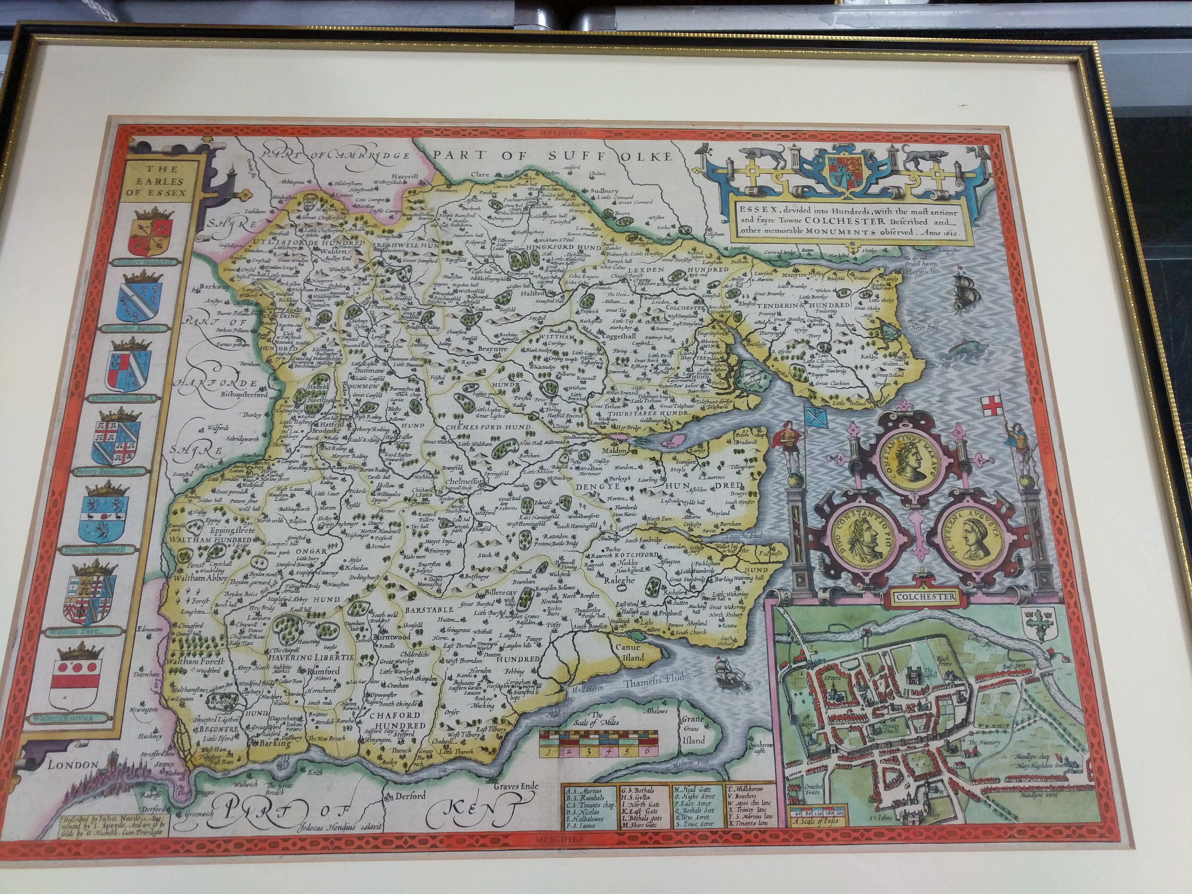 A 17th Century map of Essex with a street map of Colchester and crests of the Earp's of Essex by