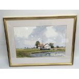 A framed and glazed watercolour of Heybridge Basin by Andrew Pitt, approx 70cm x 53cm.