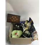 A large box of mixed odds including an inlaid box, pair of Art Deco glass lamps and ceramics