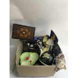 A large box of mixed odds including an inlaid box,