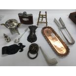 A box of items including a Victorian pen tray, a d