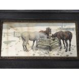 A framed watercolour study of horses eating hay, s