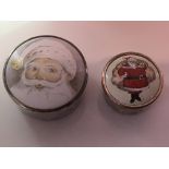 Two silver and enamel festive design boxes ( one @