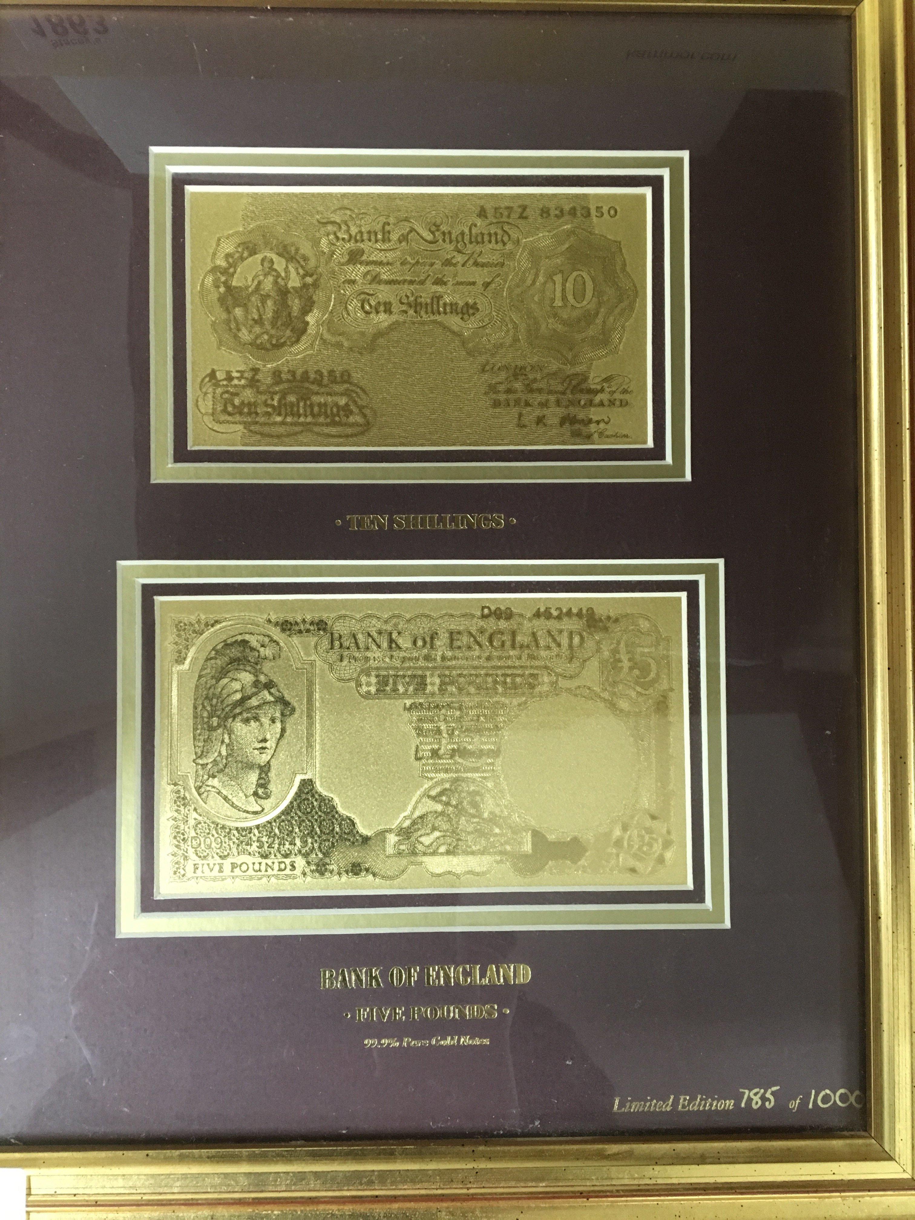 A framed pair of 99.9 pure gold notes ten shilling