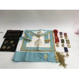 A Masonic apron and sash plus related various meda