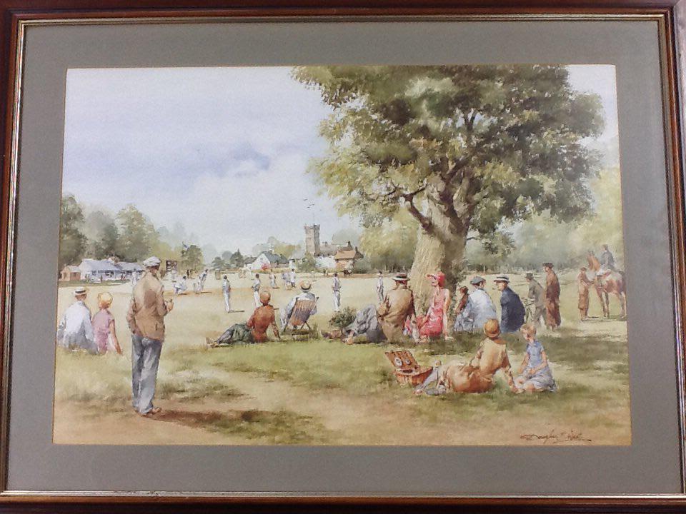 A framed watercolour The cricket match on the vill