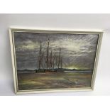 An original pastel painting of barges at Pin Hill,